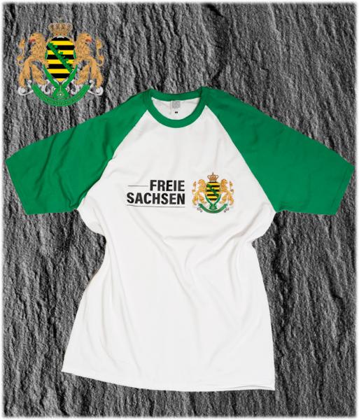 T-Shirt Freie Sachsen in weiß grün, mit königlichen Sachsenwappen, lieferbar in S-3XL